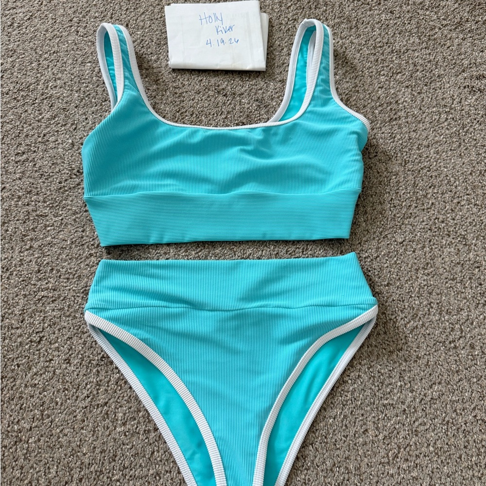 LainSnow Aqua Blue Ribbed High-Waist Bikini Set with White Trim